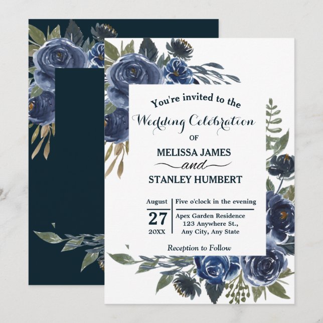 Invitación Boda de acuarela de eucalipto verde azul ruso (Anverso / Reverso)