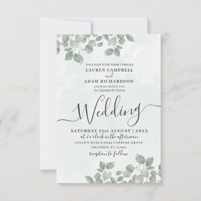 Invitación Boda de acuarela de eucalipto verde ruso (Anverso)