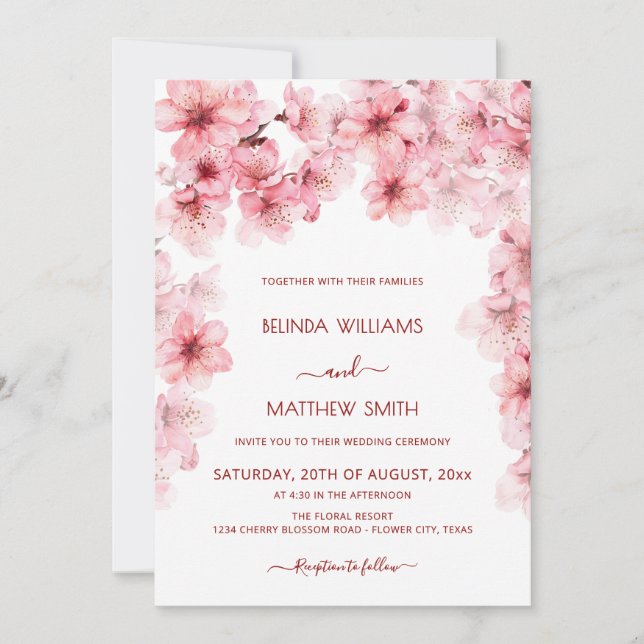 Invitación Boda de acuarela de flor de cerezo (Anverso)