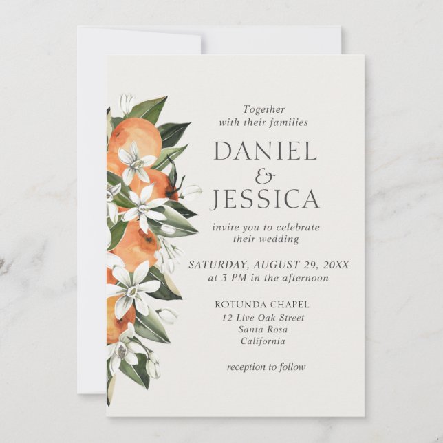 Invitación Boda de acuarela de flor de cítricos Naranja moder (Anverso)