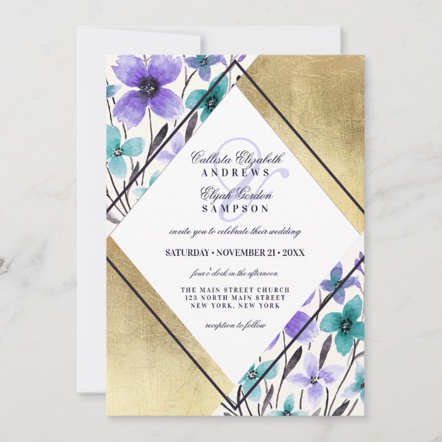 Invitación Boda de acuarela de flor Verde azulada morada dora (Anverso)