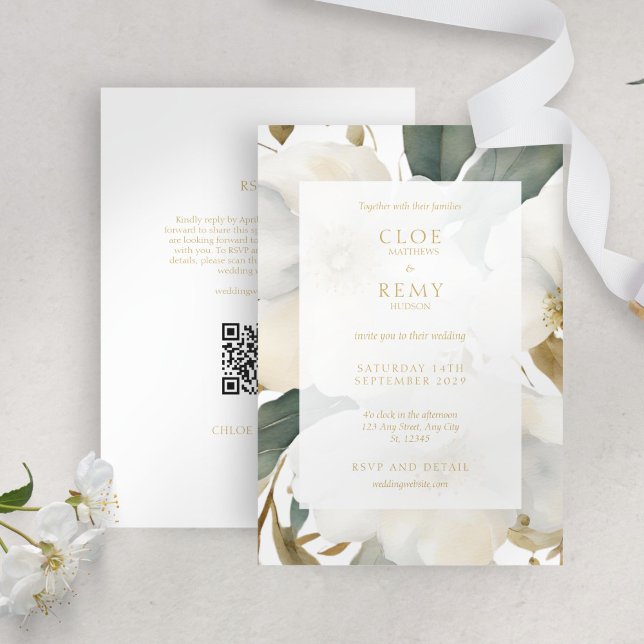 Invitación Boda de acuarela de floral blanca y dorada (Subido por el creador)