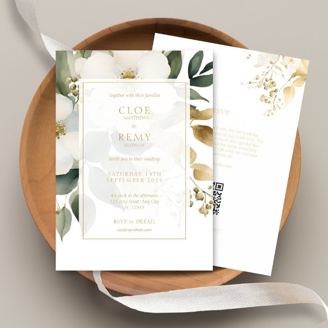 Invitación Boda de acuarela de floral blanca y dorada QR (Subido por el creador)