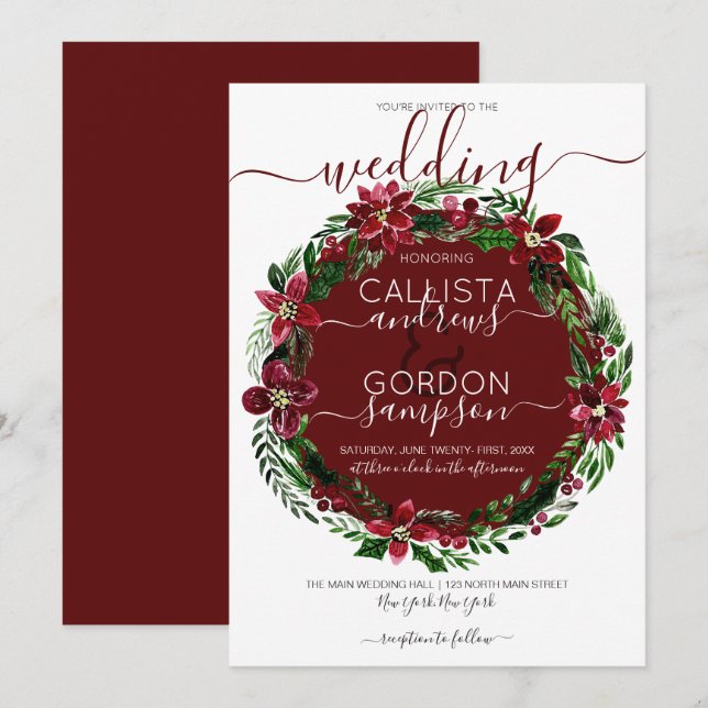 Invitación Boda de acuarela de floral verde borgoñona (Anverso / Reverso)