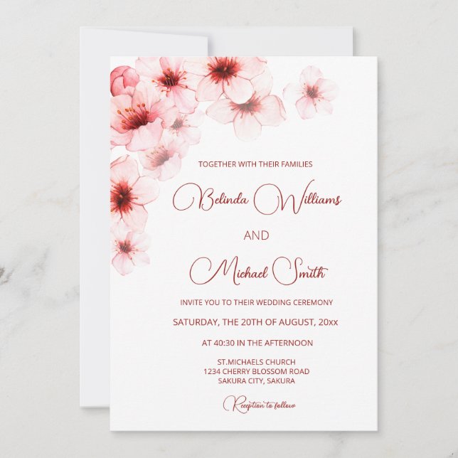 Invitación Boda de acuarela de flores de cerezo de código QR (Anverso)