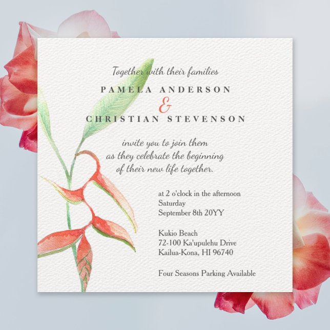 Invitación Boda de acuarela de flores de Coral Naranja Helico (orange watercolor heliconia flowers wedding invitation for a tropical beach wedding, Hawaiian flower)