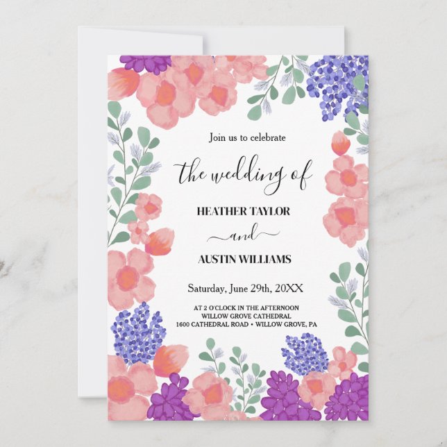 Invitación Boda de acuarela de flores de menta rosa (Anverso)