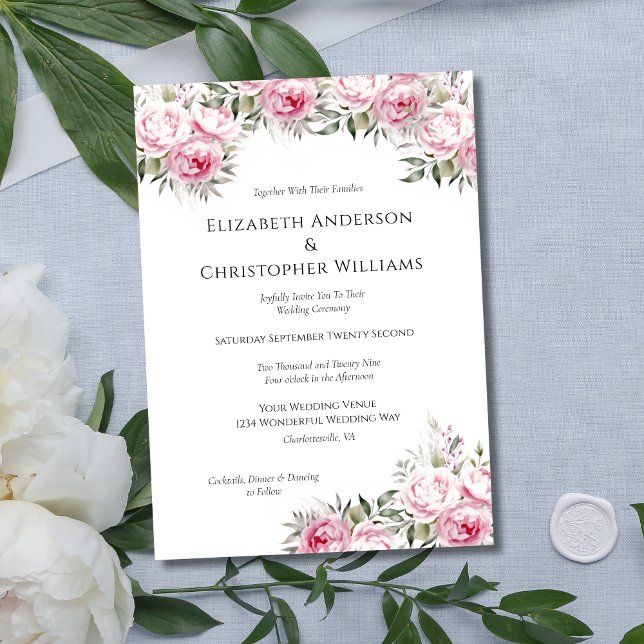 Invitación Boda de acuarela de flores florales de los pueblos (Pink Floral Peonies with Greenery Elegant Wedding Invitation. Printed or Digital Instant Download)