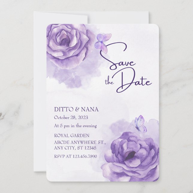 Invitación Boda de acuarela de flores moradas (Anverso)