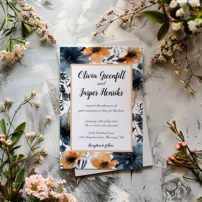 Invitación Boda de acuarela de flores negras y Naranjas (Subido por el creador)