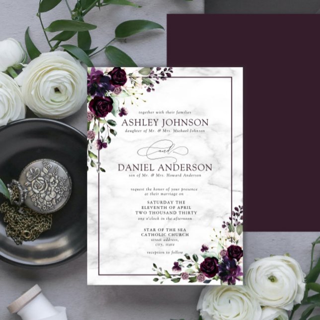 Invitación Boda de acuarela de flores púrpuras de plumas form (Subido por el creador)