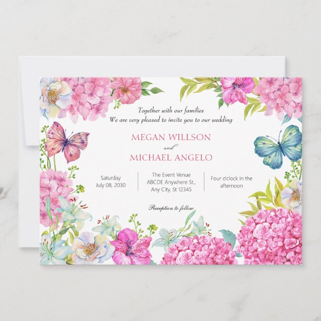 Invitación Boda de acuarela de flores rosadas (Anverso)