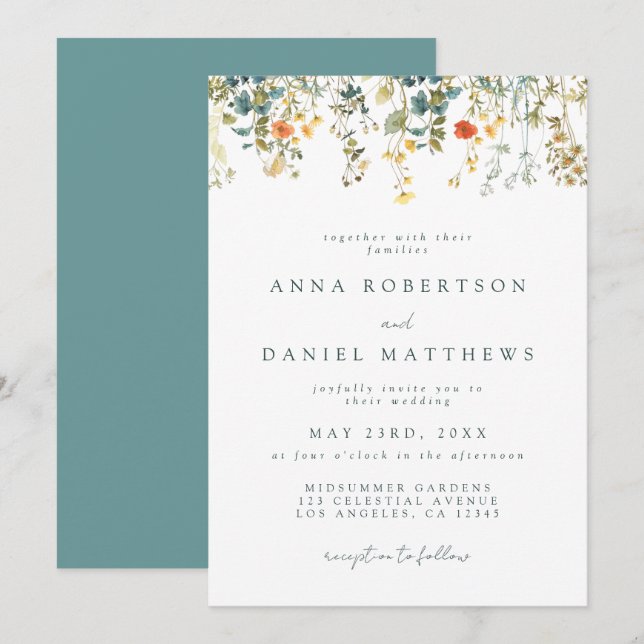 Invitación Boda de acuarela de flores silvestres (Anverso / Reverso)