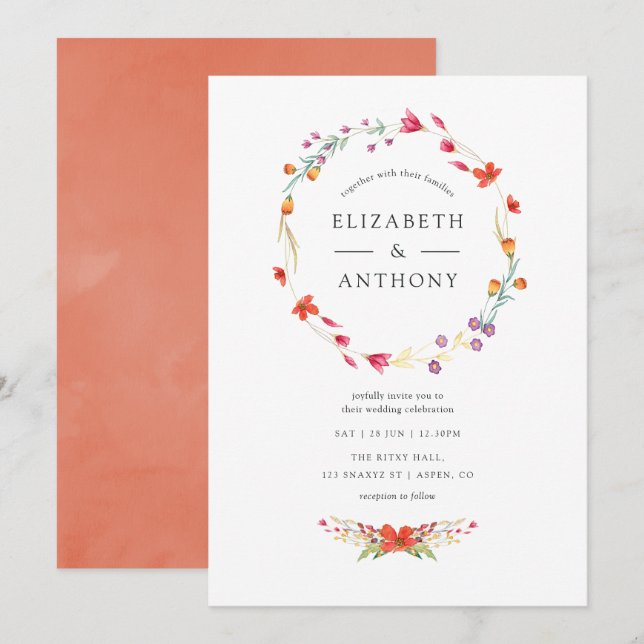 Invitación Boda de Acuarela de Flores Silvestres (Anverso / Reverso)