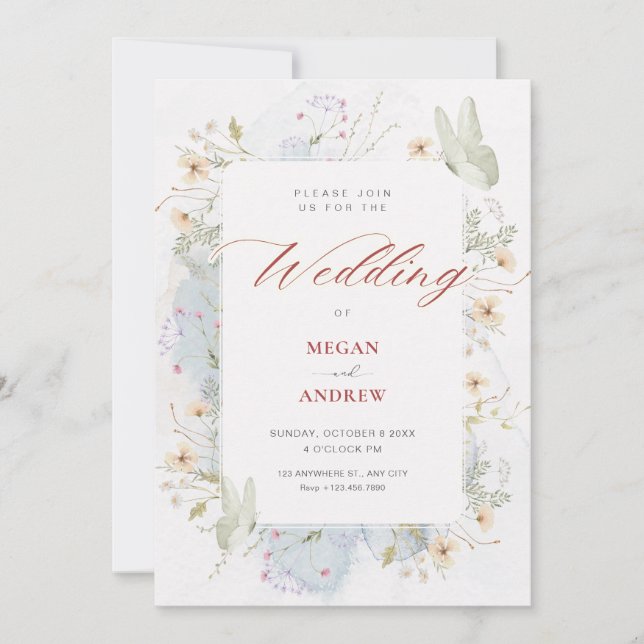 Invitación Boda de acuarela de flores silvestres blancas gris (Anverso)