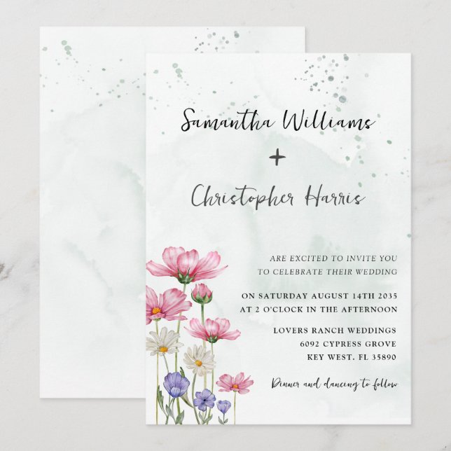 Invitación Boda de Acuarela de Flores Silvestres Boho Chic (Anverso / Reverso)