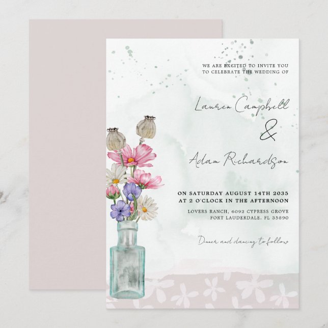 Invitación Boda de Acuarela de Flores Silvestres Boho Chic (Anverso / Reverso)