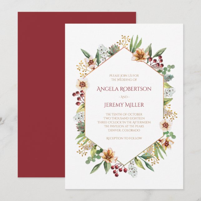 Invitación Boda de acuarela de flores silvestres de otoño roj (Anverso / Reverso)