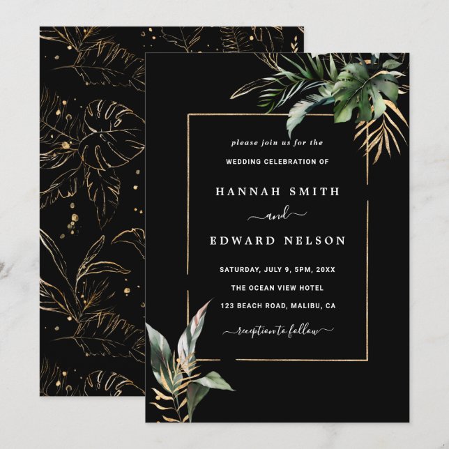 Invitación Boda de acuarela de follaje tropical salvaje negro (Anverso / Reverso)