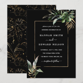 Invitación Boda de acuarela de follaje tropical salvaje negro