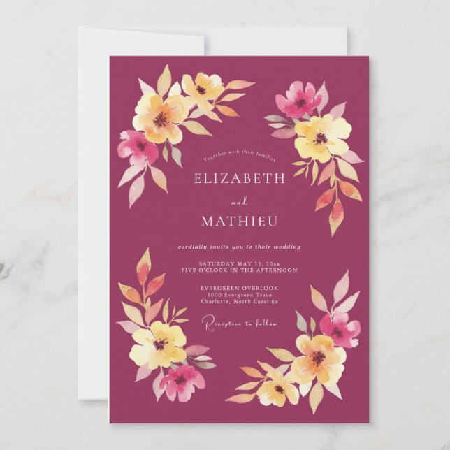 Invitación Boda de Acuarela de Frambuesa con Follaje (Anverso)
