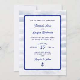 Invitación Boda de acuarela de franja blanca azul náutica