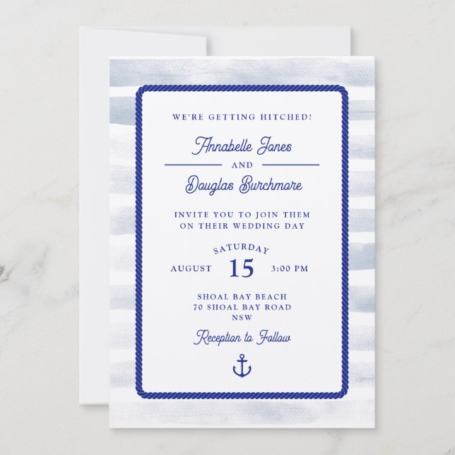 Invitación Boda de acuarela de franja blanca azul náutica (Anverso)