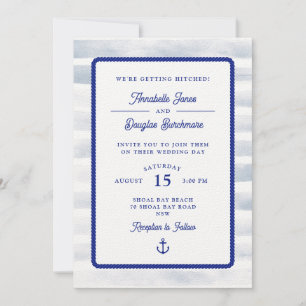 Invitación Boda de acuarela de franja blanca azul náutica