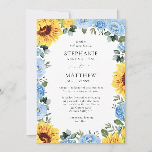 Invitación Boda de acuarela de girasol floral azul turbio (Anverso)