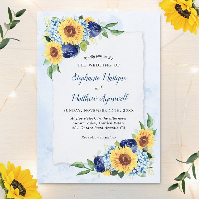 Invitación Boda de acuarela de girasol floral azul turbio (Subido por el creador)