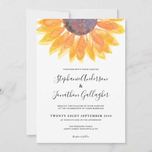 Invitación Boda de acuarela de girasol ruso simple (Anverso)