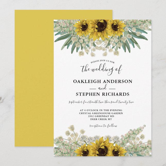 Invitación Boda de acuarela de girasol rústico botánico (Anverso / Reverso)