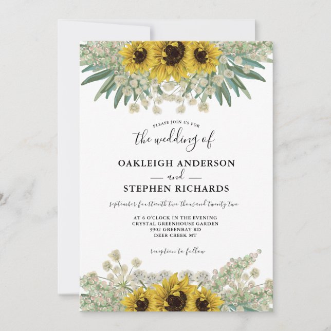 Invitación Boda de acuarela de girasol rústico botánico (Anverso)