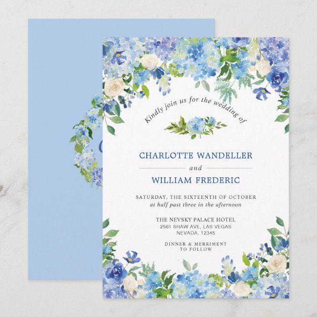 Invitación Boda de acuarela de hidrángulos azules claros (Anverso / Reverso)
