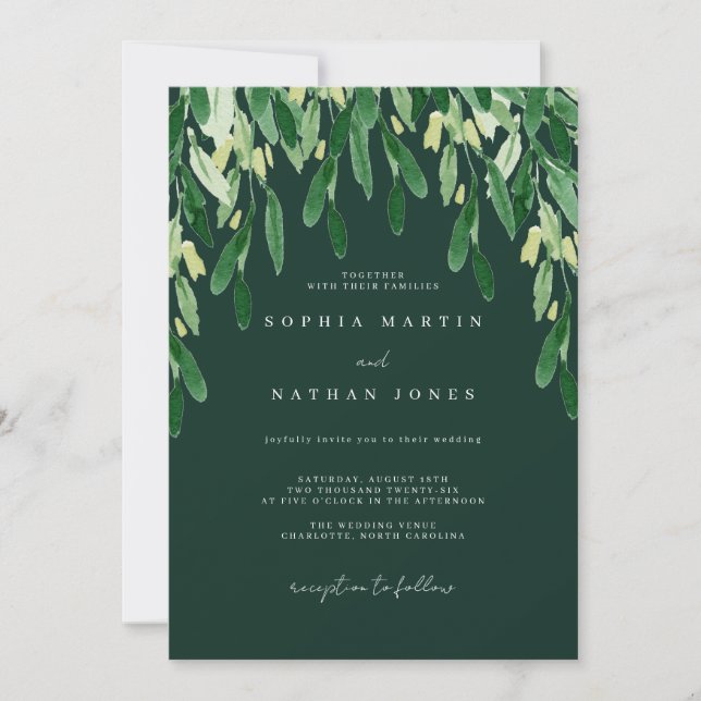 Invitación Boda de acuarela de hoja verde botánica (Anverso)