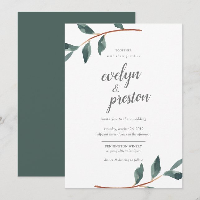 Invitación Boda de acuarela de hojas simples (Anverso / Reverso)