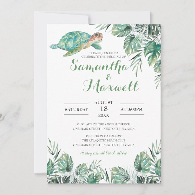 Invitación Boda de acuarela de hojas tropicales de tortuga ma (Anverso)