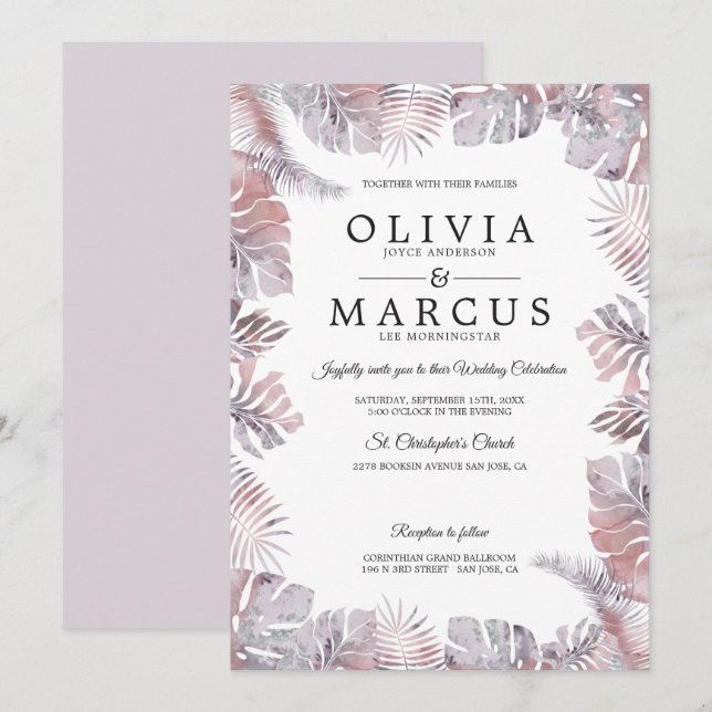 Invitación Boda de acuarela de hojas tropicales Mauve Rosa (Anverso / Reverso)