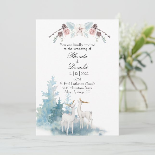 Invitación Boda de acuarela de invierno y ciervo y follaje (Anverso de pie)