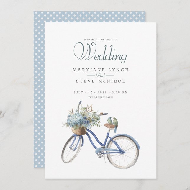 Invitación Boda de acuarela de la bicicleta azul bohemia (Anverso / Reverso)