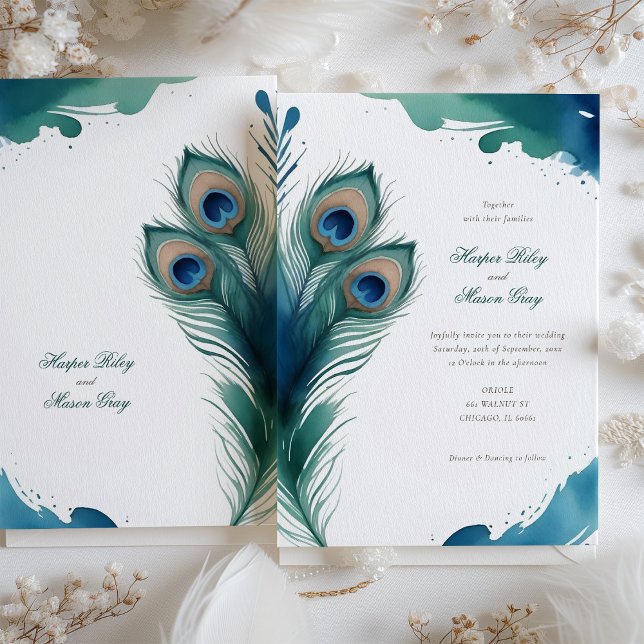 Invitación Boda de acuarela de la pluma de pavo real capricho (Subido por el creador)