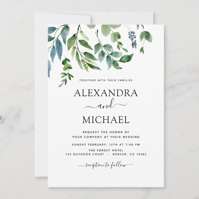 Invitación Boda de acuarela de la vegetación botánica (Anverso)
