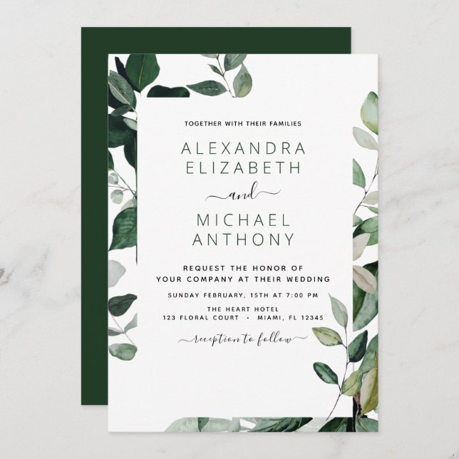 Invitación Boda de acuarela de la vegetación botánica (Anverso / Reverso)