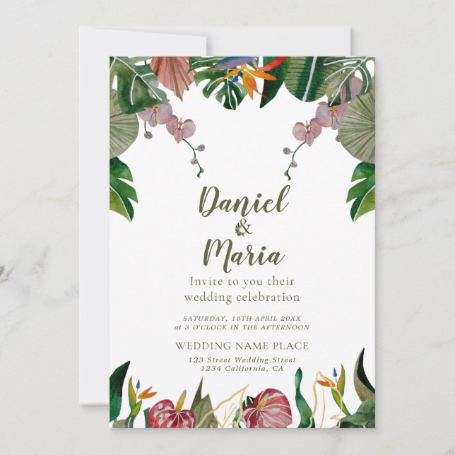 Invitación Boda de acuarela de la vegetación tropical (Anverso)