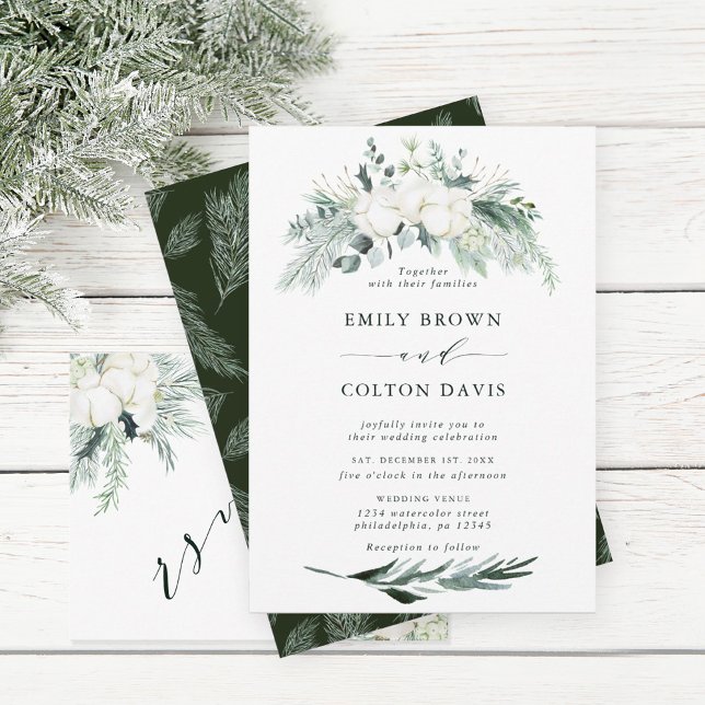 Invitación Boda de acuarela de las flores de evergreen y algo (Subido por el creador)