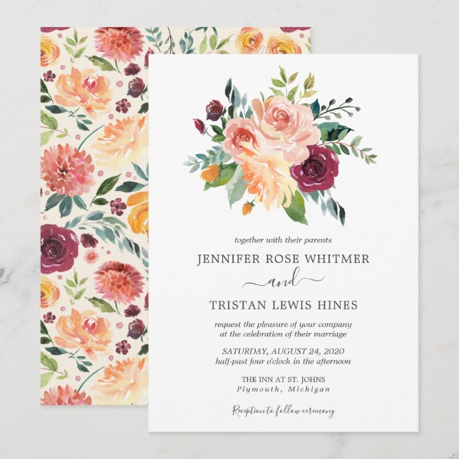 Invitación Boda de acuarela de las flores de la floricultura  (Anverso / Reverso)
