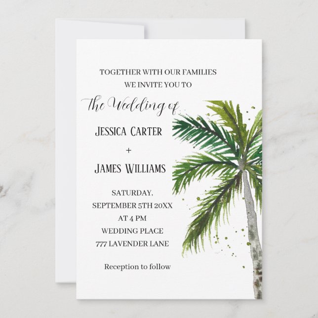 Invitación Boda de acuarela de las palmeras tropicales (Anverso)