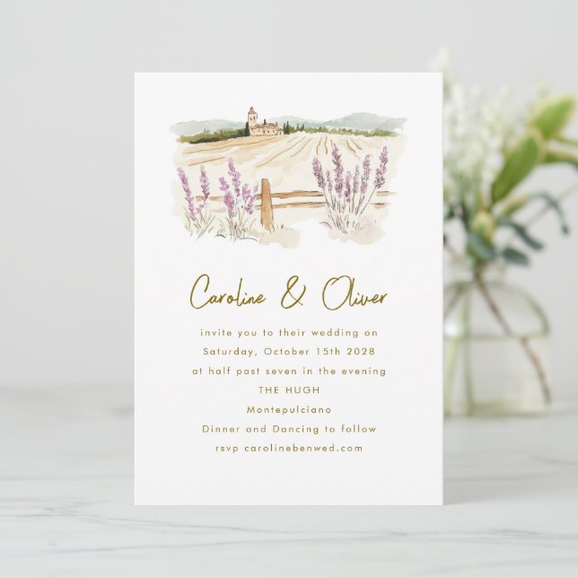 Invitación Boda de acuarela de lavanda en Toscana (Anverso de pie)
