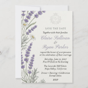 Invitación Boda de acuarela de lavanda, margarita blanca y cr