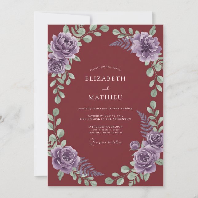 Invitación Boda de acuarela de lavanda Marsala (Anverso)